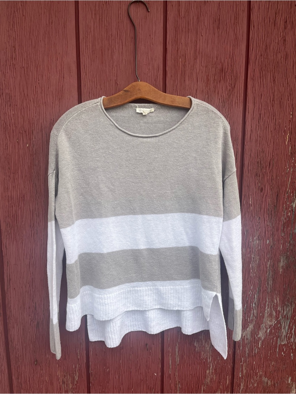 Eileen Fisher Light Gray Striped Knit Pullover 100% Organic Linen Size: xs
